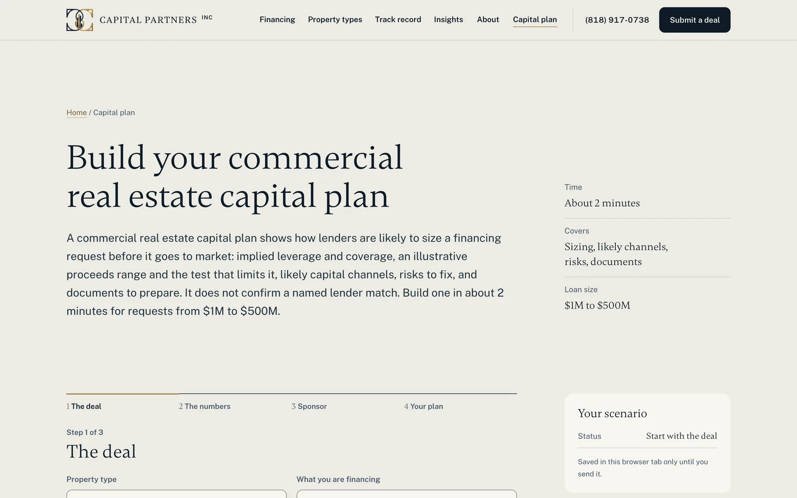 Capital Partners capital-plan page explaining illustrative financing ranges and asking for deal details