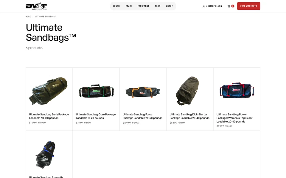 DVRT Ultimate Sandbags category page showing equipment images, product names and prices
