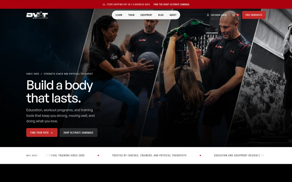 DVRT Ultimate Sandbag Training homepage with training photography and routes to programs and equipment