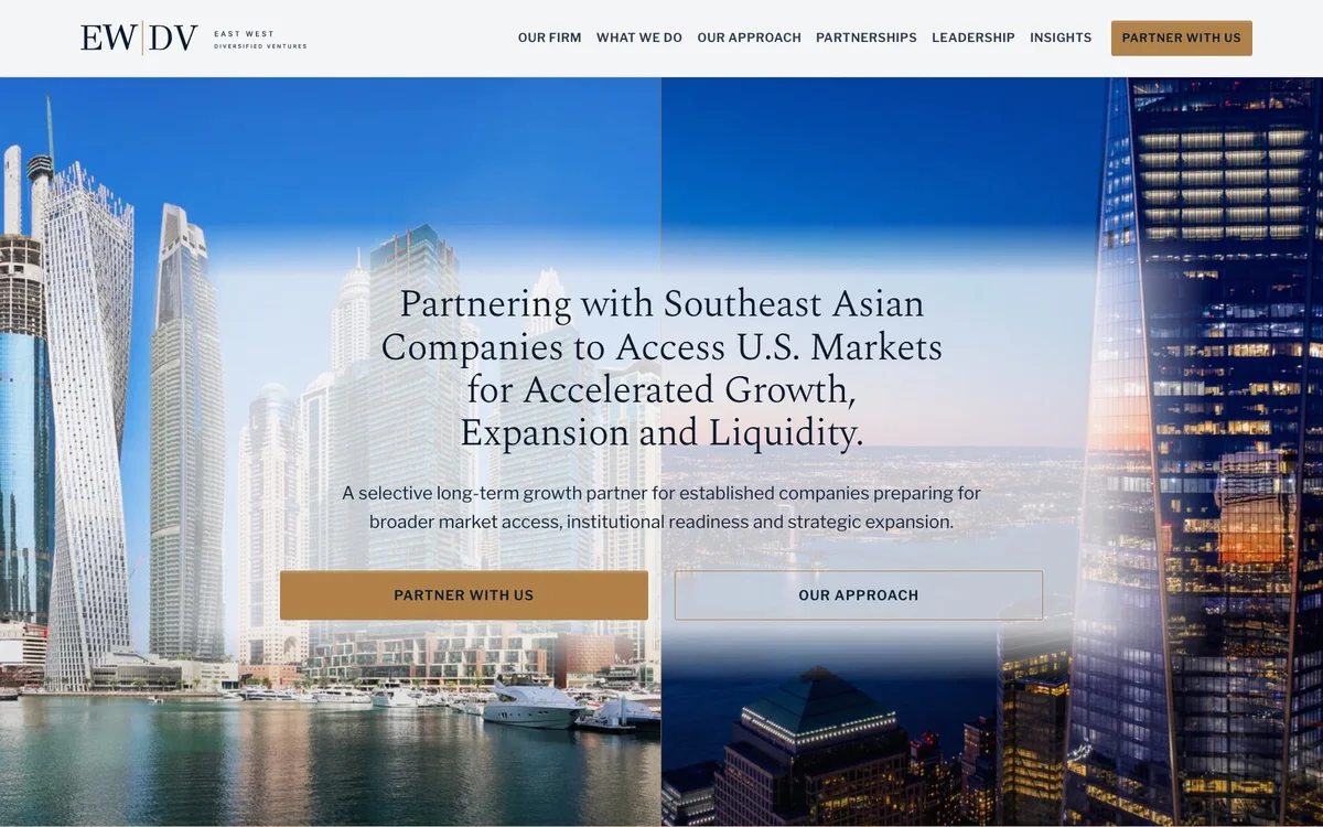 East West Diversified Ventures website built by TMN Creative, with an Insights section the firm publishes itself