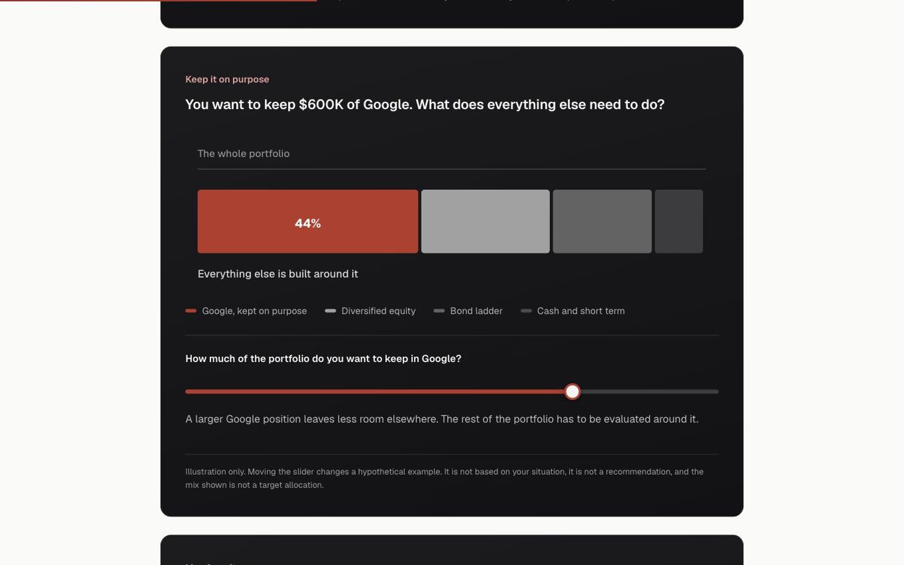 Hilpan Moxie homepage illustration titled Keep it on purpose, showing a hypothetical portfolio built around a concentrated Google position with a slider and an illustration-only disclosure