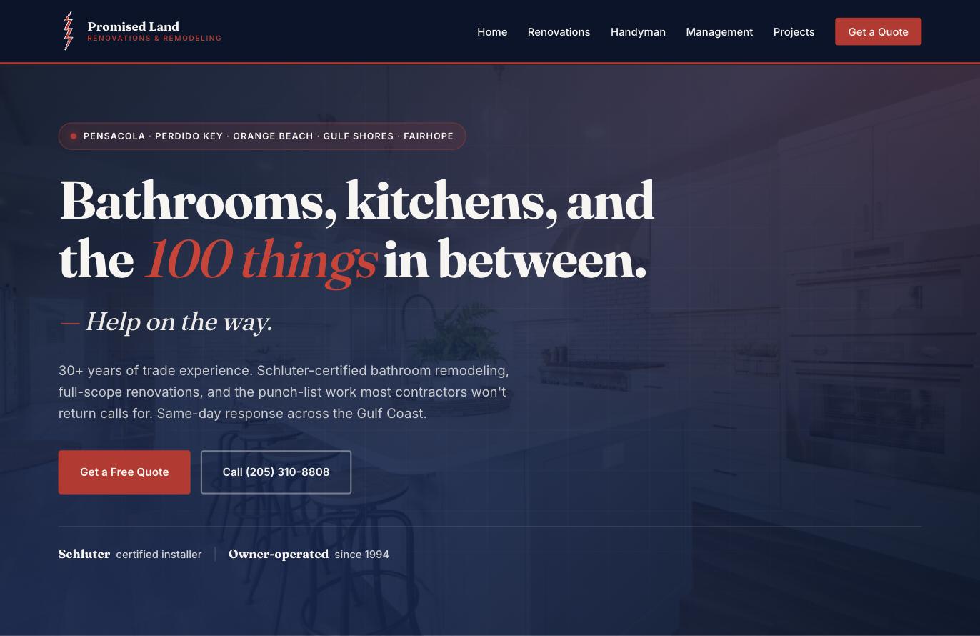 Promised Land Renovations website homepage with the headline Bathrooms, kitchens, and the 100 things in between