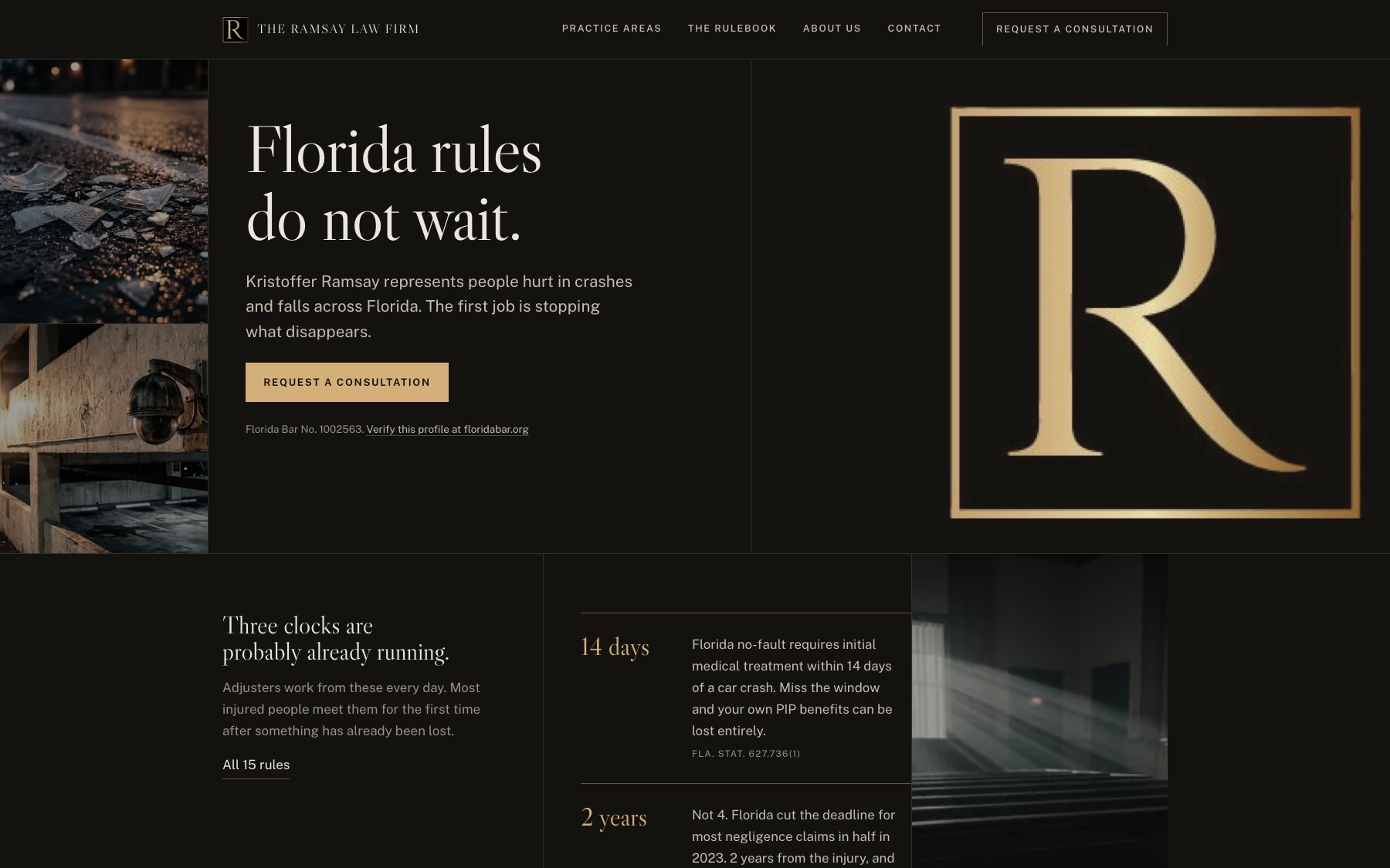 The Ramsay Law Firm homepage with the Florida rules headline, Bar number, and consultation request button