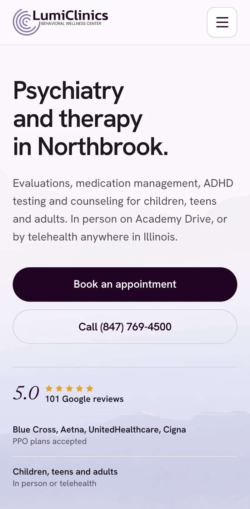 LumiClinics psychiatry and therapy website homepage