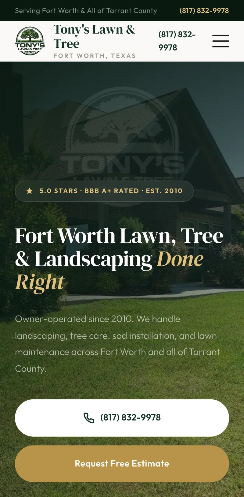 Tony's Lawn and Tree landscaping website homepage