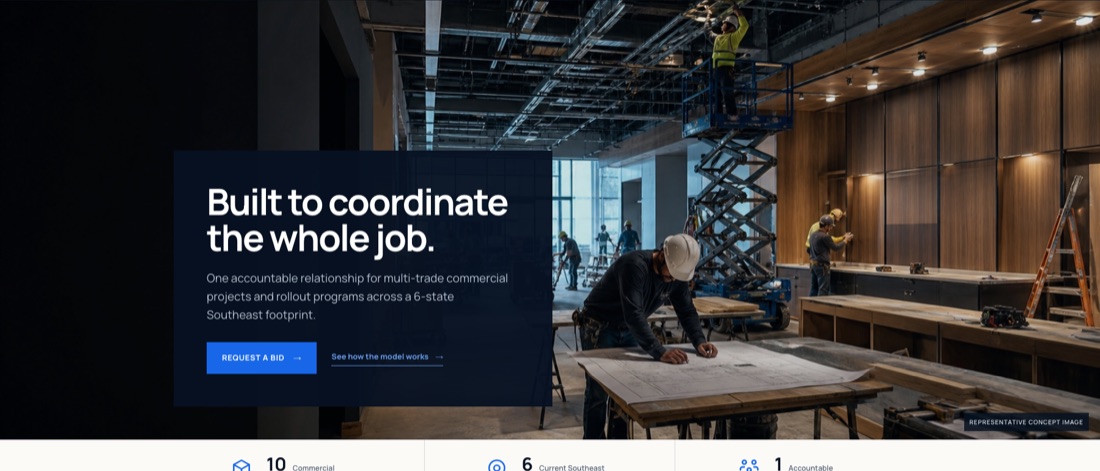 Synergized Tradesman commercial construction website homepage