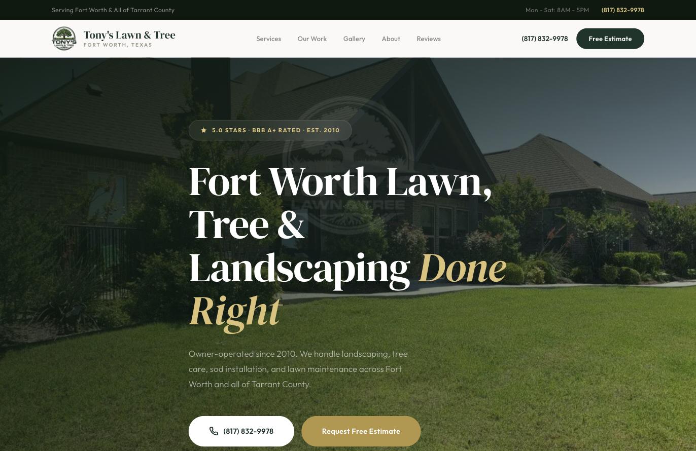 Tony's Lawn and Tree website homepage with Fort Worth landscaping headline and 5.0 stars BBB A+ badge