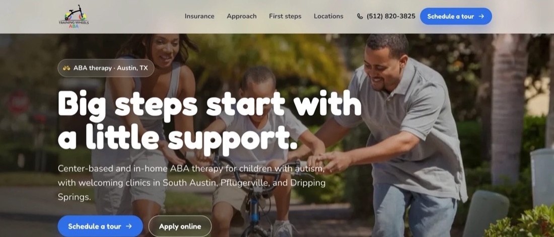 Training Wheels ABA pediatric therapy website homepage